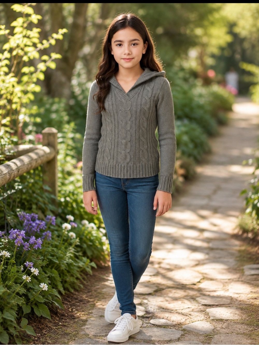 Arizona Jean Company Girls' Hooded Cable Knit Sweater - Gray